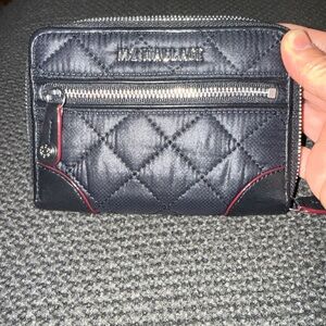 MZ Wallace Quilted Black Wallet with Red Accents Crosby